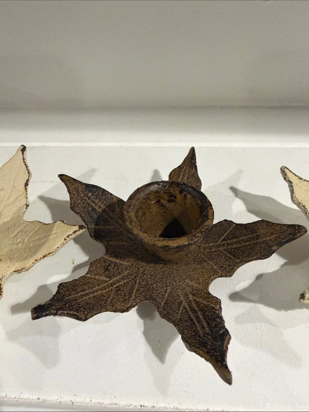 Leaf-Shaped Metal Candle Holders — Set of 3 (Cream & Rust)